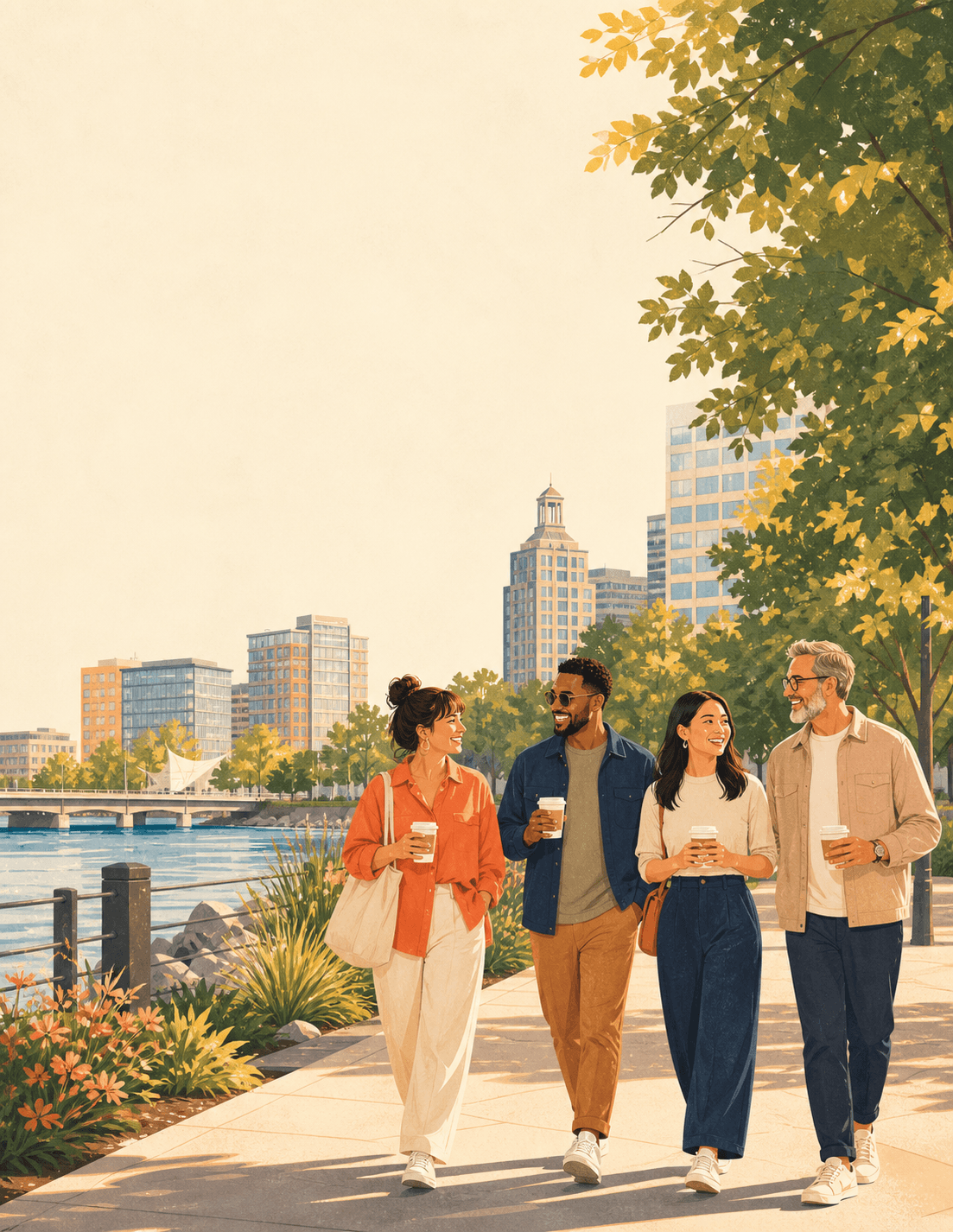 Four people with coffees walking the Stamford riverwalk, the downtown skyline behind them