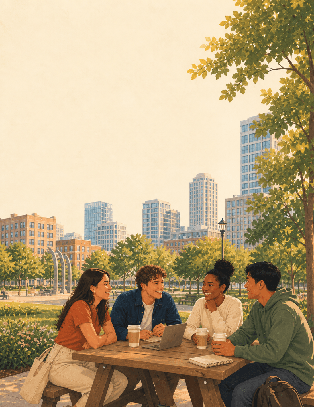 Four people around a picnic table in Mill River Park with coffees, Stamford skyline behind them